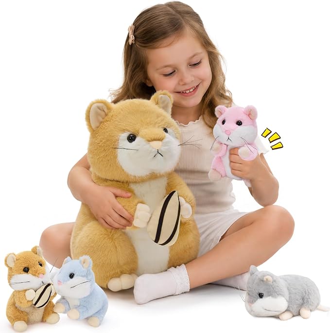 MorisMos Realistic Hamster Stuffed Animal with 4 Surprise Squeaky Babies - 13" Mama Plush Hamster Toy for Kids Girls Boys Birthday Christmas, Educational Family Role Play Gift for Birthday Christmas