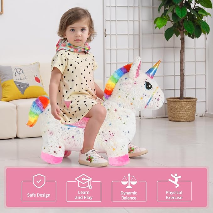 INPANY Unicorn Bouncy Horse Toys, Inflatable Unicorn with Rainbow Plush | Soft Washable Cover, Thick PVC, Stable 4-Leg Base, Cute Unicorn, Easy Inflation, Indoor & Outdoor Play, Gifts for 2-4 Kids