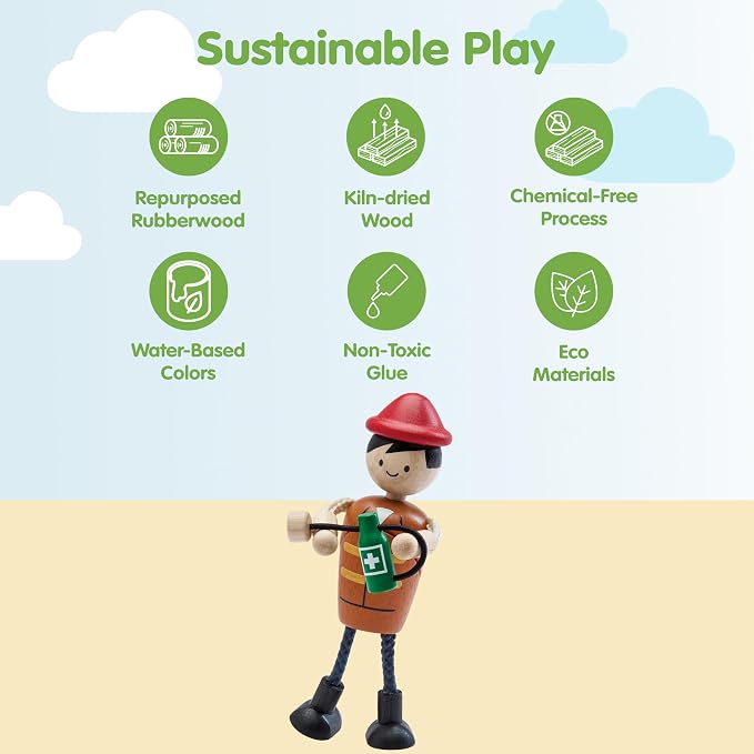 PlanToys® Wooden Rescue Doll | Poseable 1:12 Scale Character Figure for Dollhouse Play, Emergency Scenarios & Social Interaction | Eco Friendly Montessori Pretend Play Figure