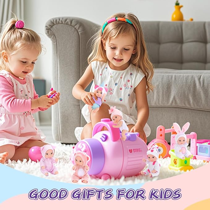 6PCS 4 Inch Realistic Open-Eye Baby Doll Playset - Mini Reborn Baby Dolls with Handmade Pink Clothes, Christmas Easter for Kids Age 3+