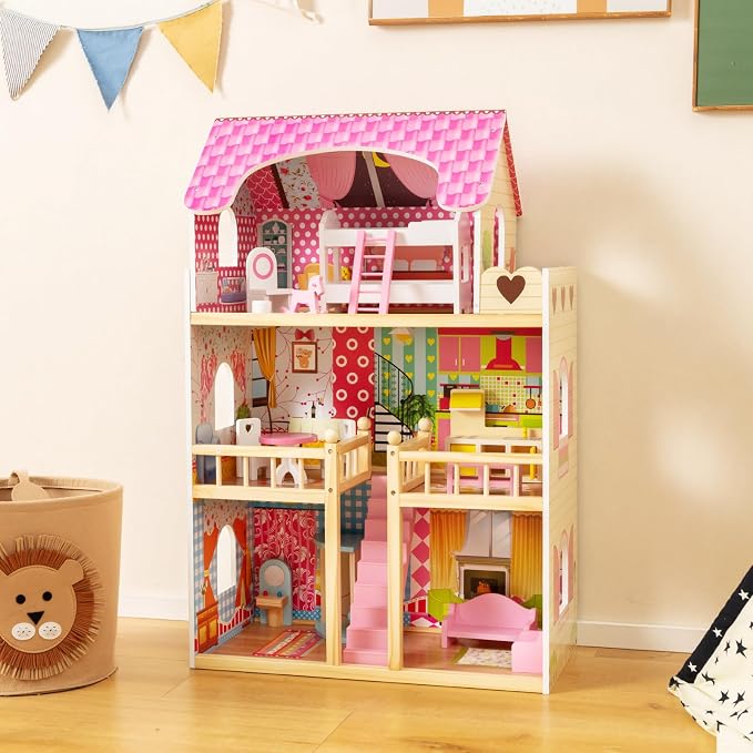 HONEY JOY Pink Doll House, Wooden Kids Dollhouse with Balcony & Stairs, 15 Pieces Accessories & Furniture Included, Large 3-Story Easy to Assemble Doll House Toy, Gift for Toddler Boys Girls, Pink