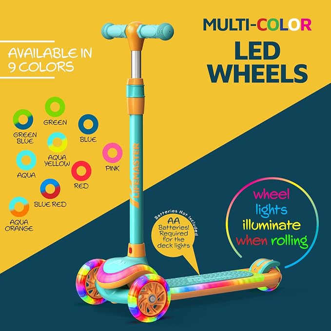 3-Wheel Kids Scooter with Multi-Color Lights on Deck & Wheels – 5-Height Adjustable Handlebar, Wide Anti-Slip Deck, Child Safety Certified, Boys & Girls Ages 3+ Supports Up to 150 lbs