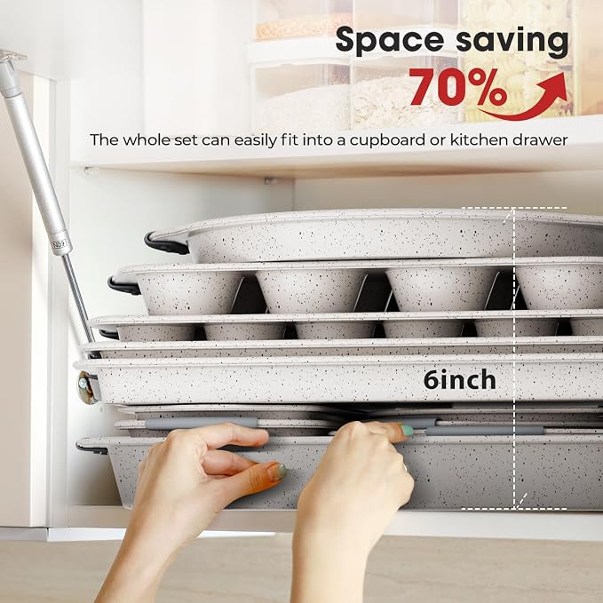 11-Piece Nonstick Bakeware Set – Stackable Baking Pans Include Cookie Sheets, Muffin Pan, Loaf Pan, Pizza Pan, Cake Pan & More – Oven Safe, Space-Saving Design, Gray & White