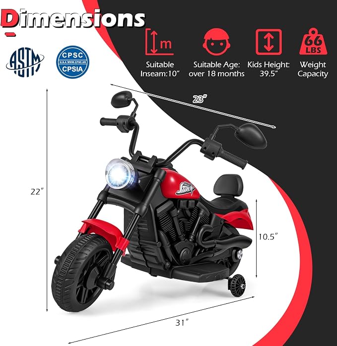 Costzon Kids Motorcycle, 6V Chopper Motorbike Ride on Toy with Headlight, Music, Training Wheels, Electric Toddler Motorcycle for Kids Boys Girls, Gift (Red, 31" x 23" x 22"(L x W x H))