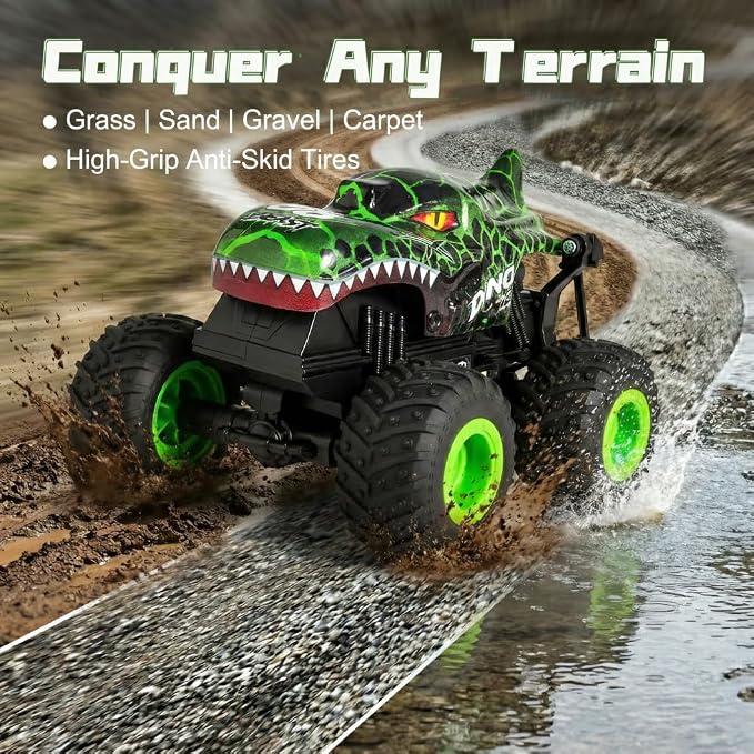 Remote Control Dinosaur Car for Boys 4-7 8-12, Sturdy 1:20 Scale RC Monster Truck with LED Lights Roar Sound, 2.4GHz All Terrain Off Road Toy, Birthday (Green)