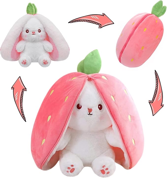 MIAODAM 13.7in Large Easter Bunny Stuffed Animal, Kawaii Squishy Cute Easter Bunny Plush Turn Into Rabbit Fruit Doll Strawberry, Christmas Plushies Funny Bunny Toy for Kid Gift for Girlfriend