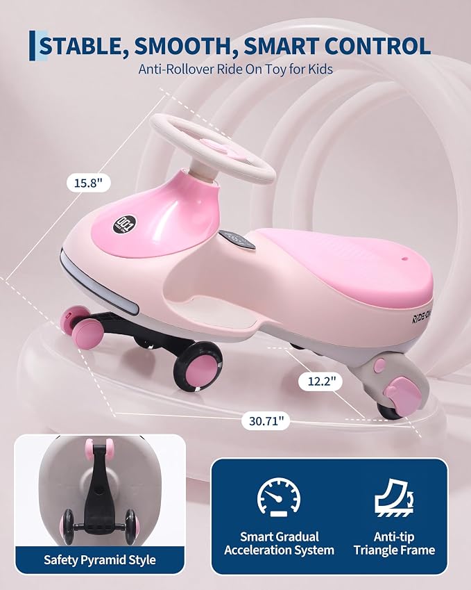 Garvee 12V Electric Wiggle Car for Kids, 2 in 1 Swing Car with Pedal, Anti-Rollover,Max Load 130Lbs,Flashing Wheels, Music,Rechargeable Battery Ride on Toy Indoor Outdoor for Toddlers, Light-Pink