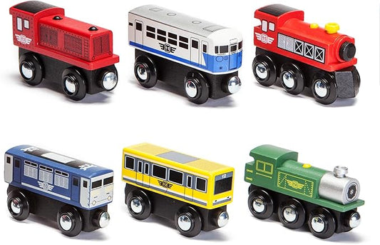 Maxim Enterprise 6-Piece Wooden Train Car Set – Classic Rolling Locomotive/Train Engines Compatible with Thomas Wooden Railway, Brio & Other Major Brand Wooden Trains