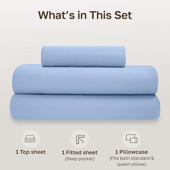 California Design Den Twin Sheets Set - Soft 100% Organic Cotton Sheets, Crisp and Cool Percale, Deep Pockets with Anti-Skid Elastic, Breathable and Durable Bedding Set - Light Blue