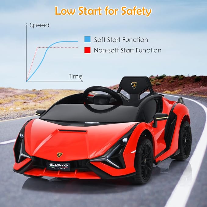 OLAKIDS Kids 12V Licensed Lamborghini SIAN Ride On Car, Electric Vehicle for Toddler with Control Remote, Battery Powered Toy with Music, Horn, 2 Speeds, Suspension, LED Lights, Bluetooth, USB (Red)