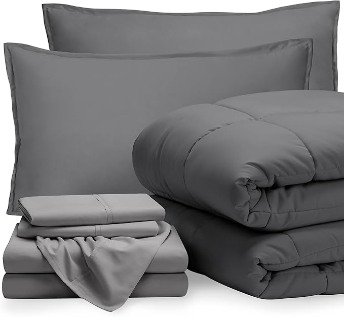 Bare Home Bed-in-A-Bag 7 Piece Comforter & Sheet Set - Full - Goose Down Alternative - Ultra-Soft 1800 Premium - Bedding Set (Full, Grey/Light Grey)
