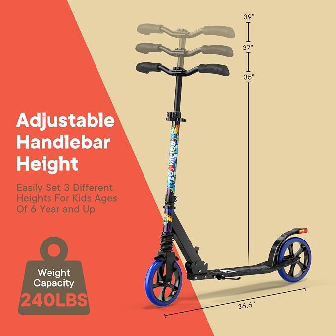 Campior Kick Scooter for Ages 6+, for Kids, Teens, and Adults, Max Load 240 LBS, Foldable, 8-inch Big Wheels for Kids and Adults, with Kickstand, 3 Adjustable Levels, Child Safety Approved, Tree