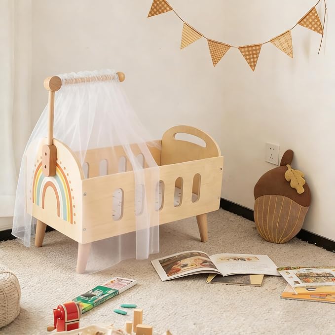 Freniland Wooden Doll Crib Bed for 18 Inch Dolls, Baby Doll Furniture Set with Sheer Canopy and Soft Fabric Mattress, Pretend Play Nursery Accessories for Toddlers