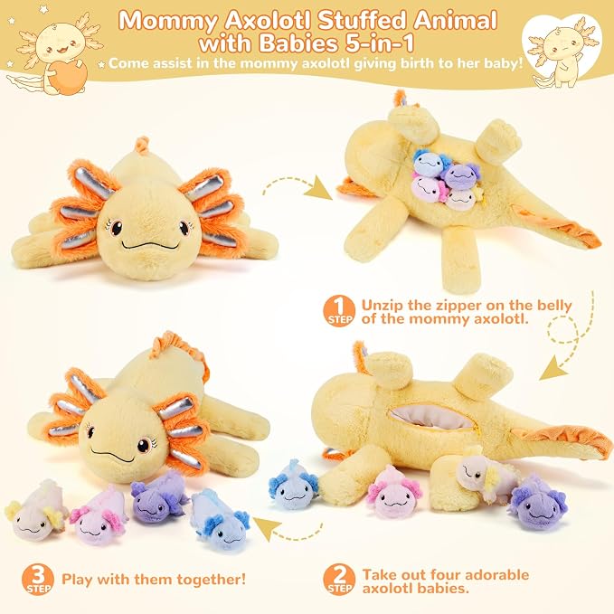 gnomantic Axolotl Stuffed Animals with Babies Inside, Mommy Toy for Kids | 5-Piece set: 1 mommy axolotl + 4 baby axolotls inside. Unzip belly to reveal surprise babies. Ultra-soft, ages 3-8.