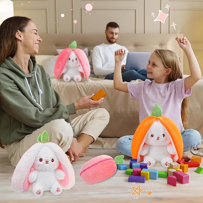MIAODAM Cuddly Bunny Stuffed Animal, Kawaii Squishy Cute Easter Bunny Plush Turn Into Rabbit Fruit Doll Carrot Strawberry Bunny, Plushies Funny Bunny Toy for Kids