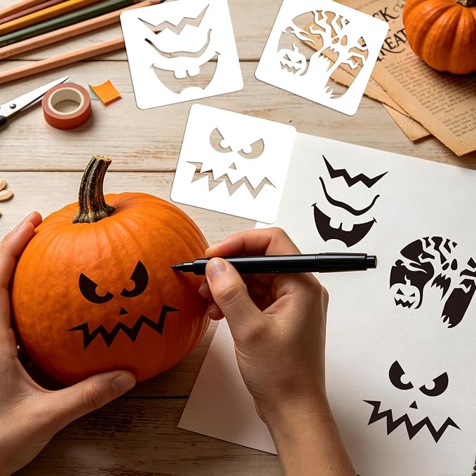 40 PCS Halloween Drawing Stencils, 6 Inch Plastic Reusable Pumpkin Faces Painting Stencil, Jack - O'-Lantern Painting Templates for DIY Pumpkin Carving, Wood, Walls Art and Halloween Decoration