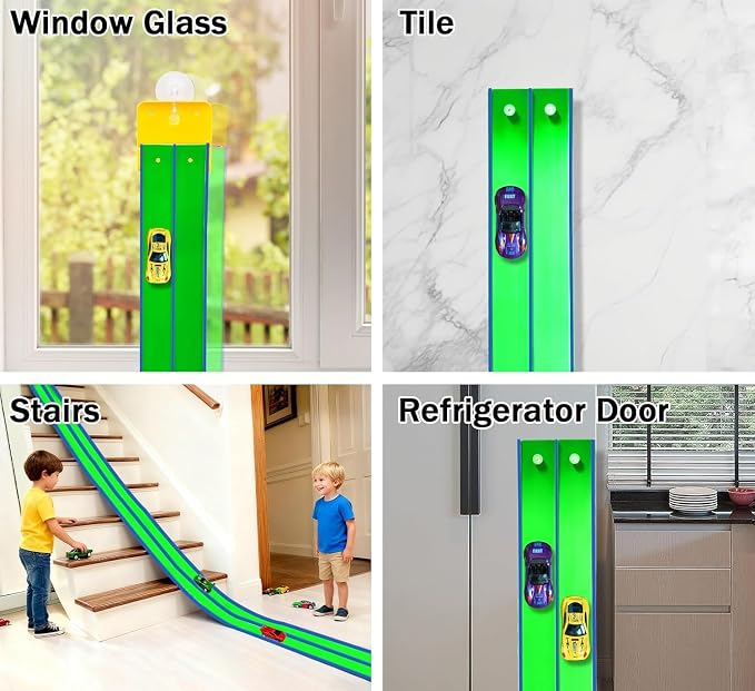 15 Ft Flexible Race Car Track (Aqua Green) for Kids,Flex Track Starter Set Compatible with Hot Wheels and Diecast 1/64th Cars,Portable Racetrack Roll Up Race Track with 4 Racecars and Suction Cups