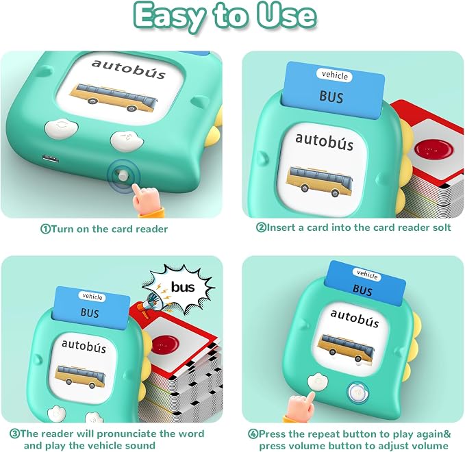 Kidzdo 520 Words Spanish English Talking Flashcards for Toddlers 2 3 4 5 6 Years Old, Birthday Present for Boys and Girls, Pocket Speech Therapy Toys Helps Language Speaking, Green