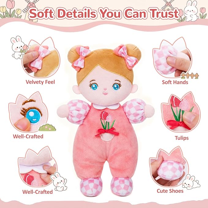 OUOZZZ Soft Baby Doll 10" Tulip Pink - First Birthday Toys for 1 Year Old Girl, Ideal 1 Year Old Girl Gifts & Baby Girl Gifts, Snuggle Buddy for Infants