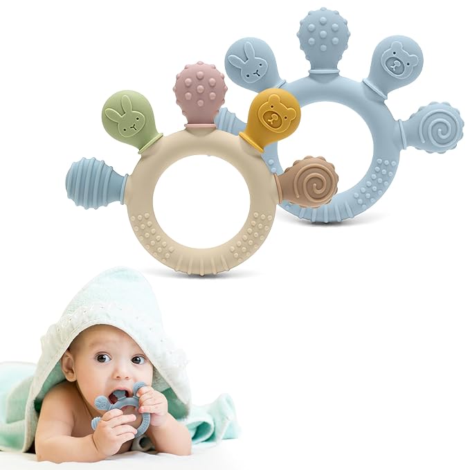 HippoBaby Silicone Teether for Babies 2-Pack – Soft & Easy Grip Teething Toys for Infants & Toddlers – 100% Food Grade Silicone, CPC Certified, BPA-Free Gum Soothers (Palm Teether/Colorful & Blue)