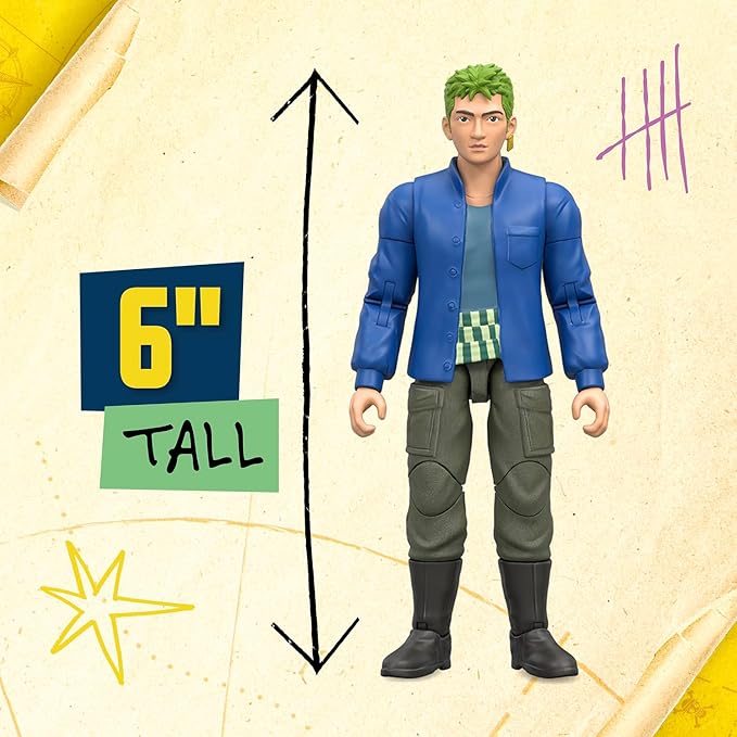 One Piece Zoro 6" (15.24cm) Action Figure with 5 Accessories. Includes Swappable Swords, Sword Holder, Swappable Face, and Berry Coin Display Base