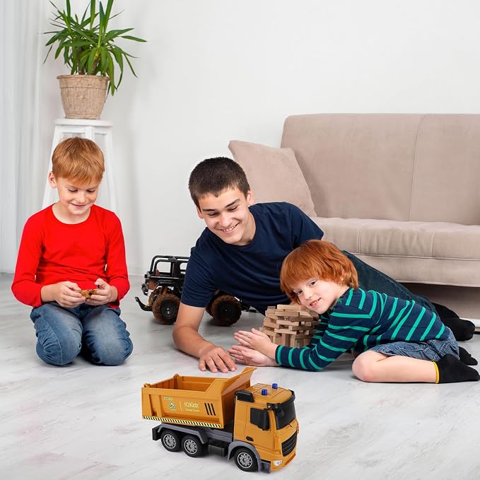IQKidz Remote Control Dump Truck Toys - RC Construction Vehicles with Blue Warning Lights, Trucks Toy for Boys Girls 3 4 5-7 8 9 10 Year Old and Up, Best Birthday Gift Ideas for Kids Age 5-10