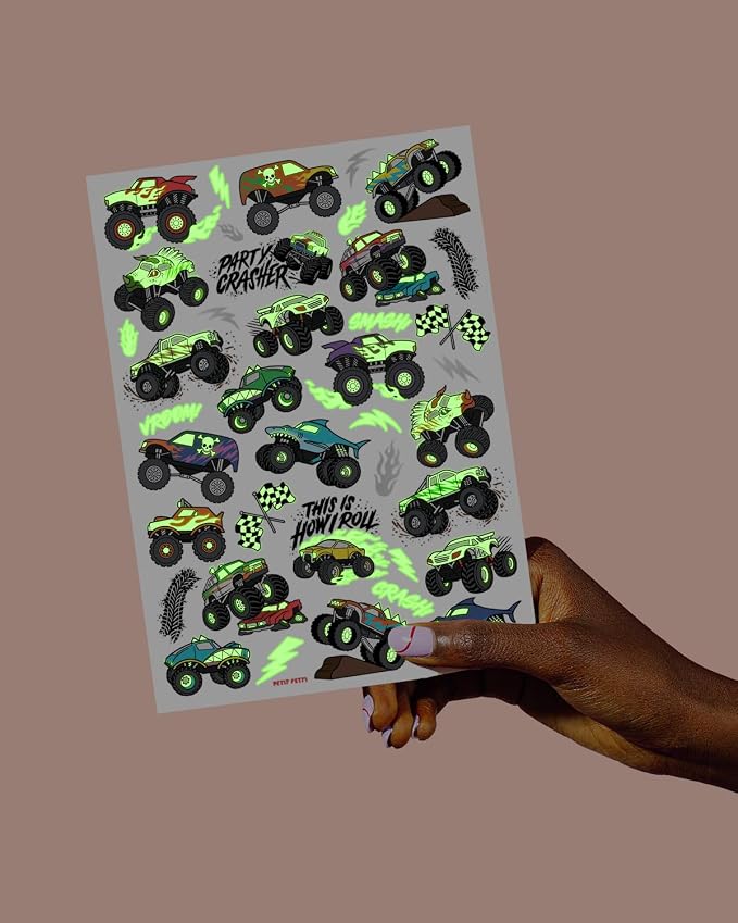 xo, Fetti Glow In The Dark Monster Truck Temporary Tattoos - 50 Foil Styles | Truck Birthday Party Decorations, Boys Pick Up Truck Party Favors, Race Car Temp Tats, Kids Arts and Crafts Supplies