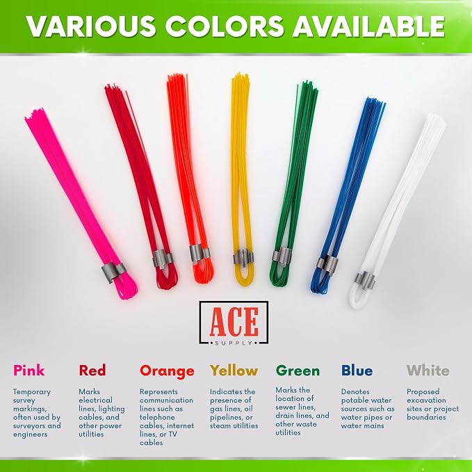 Green Marking Whiskers with Stakes - 100 Pack - Durable Marking Whisker Set - Use Survey Whiskers As Ground Markers, Construction Markers, Or Trail Markers