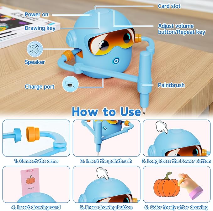 Peledic Drawing Robot Toy for Kids with 100 Word Cards & 12 Color Pens, Voice Interactive Educational Drawing Machine, Montessori Painting Toys for 3 4 5 6 7 8 Year Old Boys Girls Easter Gifts (Blue)