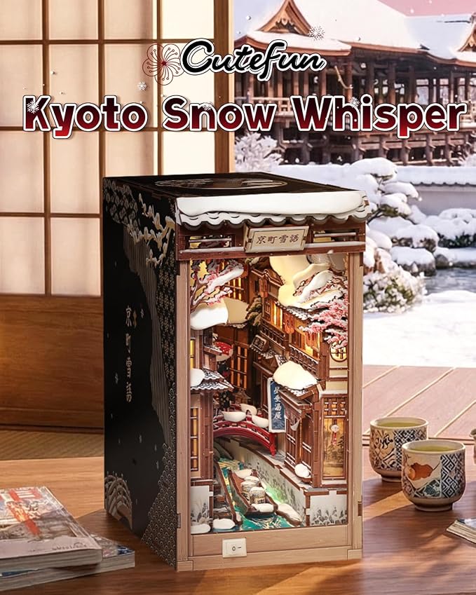 Cutefun DIY Book Nook Kit Kyoto Snow Whisper – Japanese Snow Scene 3D Wooden Puzzle Miniature Dollhouse Kit with LED Light, Bookshelf Insert Decor, Creative Gift for Adults, Teens & Book Lovers