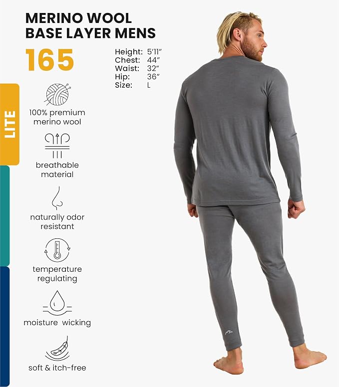 Merino.tech Merino Wool Base Layer Mens Set - Heavyweight, Midweight, Lite Merino Wool Thermal Underwear For Men Top, Bottom