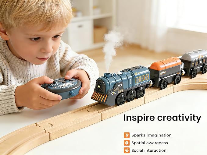 Remote Control Steam Train for Wooden Tracks – RC Train Set with Realistic Smoke, Lights & Sound, Motorized Toy Train Compatible with Thomas & Friends, Brio, for Kids Ages 3-8