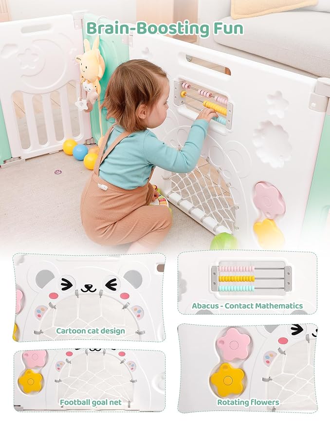 Dripex Baby Playpen, 14-Panel Foldable Playard for Toddlers 6-36 Months, Adjustable & Portable Indoor Outdoor Safety Play Area with Anti-Pinch Design, Game Panel and Safety Gate, Light Green White