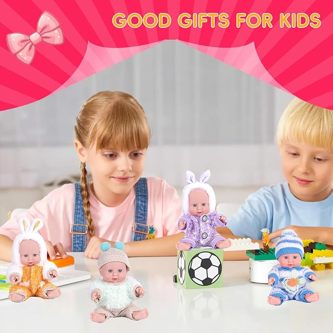 Vueos 4 Pcs 7 Inch Baby Doll Playset with 4 Adorable Clothes, Mini Reborn Baby Dolls Nursery Toys for Toddlers Girls Kids 3+