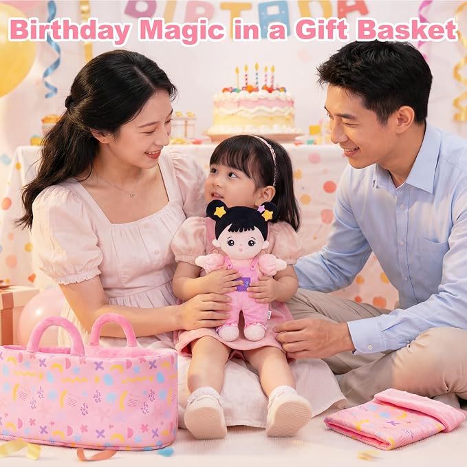 OUOZZZ 10" Soft Baby Doll Accessories with Plush Asian Doll, Bassinet, Blanket and Bottle, Toys for 2 Year Olds Girls Birthday Gift, Interactive Pretend Playset for Preschool, Home