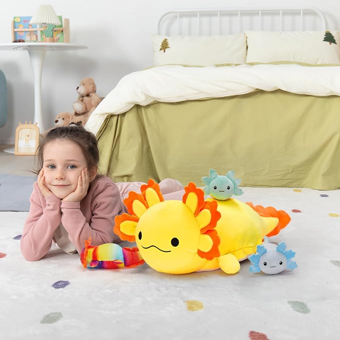 MaoGoLan 4Pcs Giant Axolotl Plush with 3 Babies Inside-23.5" Large Ultra Soft Axolotl Stuffed Animals Throw Pillow-Squishy Stuffed Axolotl Plush Collection Gift for Axolotl Lover,Kids,Teens,Yellow
