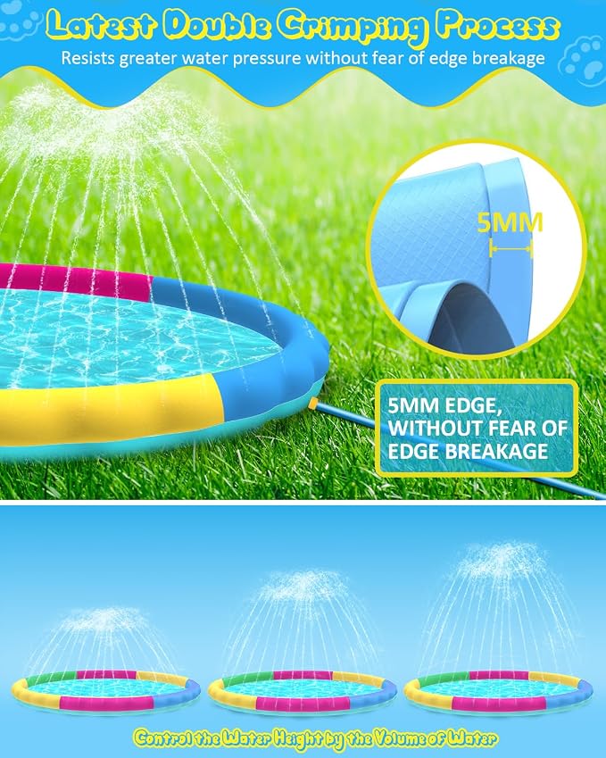 Raxurt Splash Pad, 97in Anti-Slip Splash Pad for Kids Dogs Thickened Durable Bath Pool Pet Summer Outdoor WaterToys Backyard Fountain Play Mat, Colorful