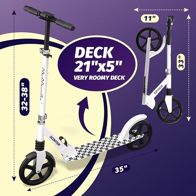 Nattork Kick Scooter for Age 6+ Kids Teens Adults, Max Load 240 LBS, Adjustable Height Foldable with 8" Large Wheels, Anti-Shock Suspension