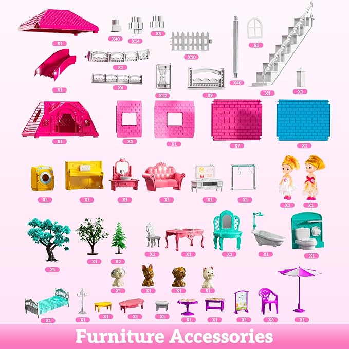 JUKUDAHU Villa Playset for Girls Ages 3-7, Indoor Playset Girls Toys with 3 Storeys 7 Rooms 2 Dolls for Ages 6-8, Furniture and Accessories, Pretend Toddler Toy, Birthday Gifts for Kids 3 4 5 6 7 8