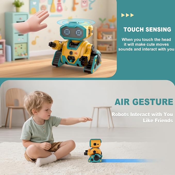 BYTEWAR Interactive Smart Robot Toys, Rechargeable Remote Control Emo Robot with Learning Gesture Sensing, Auto-Demonstration, Music and Dance, Shining LED Eyes, Birthday Gift for Kids (Yellow)