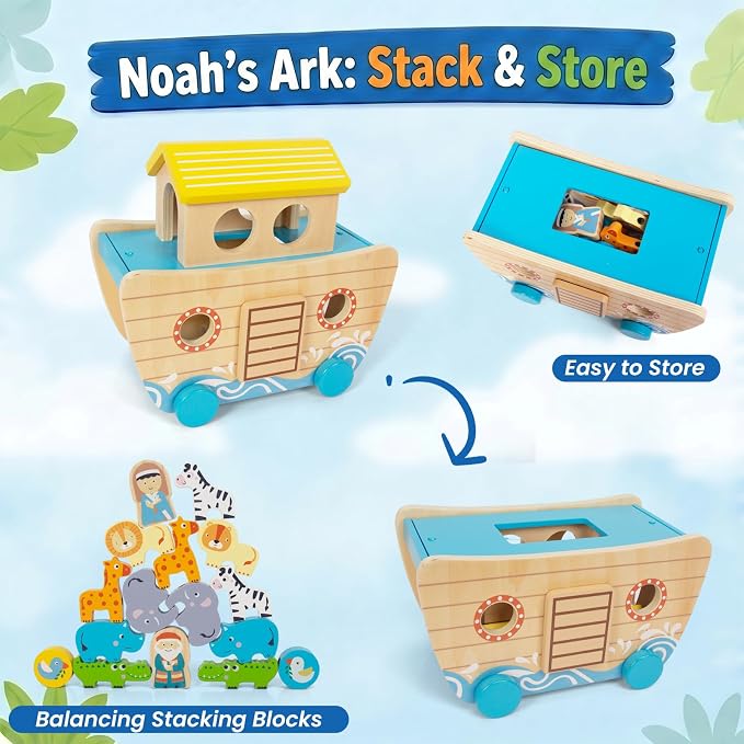 Wooden Noah's Ark Toy for Toddlers 1-3, Baptism Christening Gifts for Boys Girls, Christian Toy Animal Shape Sorter, Baby Birthday