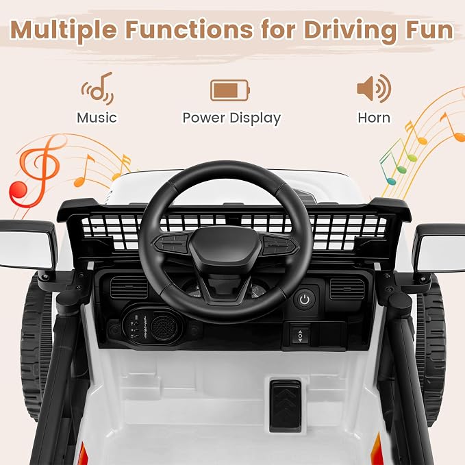 OLAKIDS 12V Ride On Truck, Battery Powered Electric Vehicle for Kids with Remote Control, Foldable Reflective Mirror, Spring Suspension, Music, LED Lights, Ride on Toy for 3+ Boys Girls (White)
