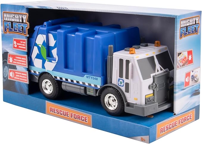 Mighty Fleet Rescue Force 12" Garbage Truck Toy – Realistic Lights & Sounds, Detachable Recycling Bin, Durable Free-Wheeling Design – Ages 3+