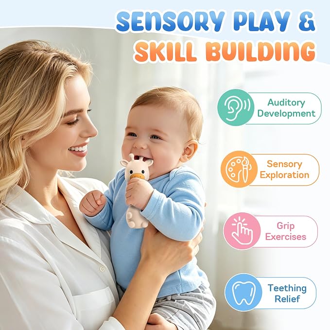 Baby Teething with Rattle Toys 3-6 6-12 Months, BPA Free Silicone Baby Teether, Infant Chew Toys for Teething Relief, Baby Gifts for Newborn Boys Girls, Easy-Grip, Beige