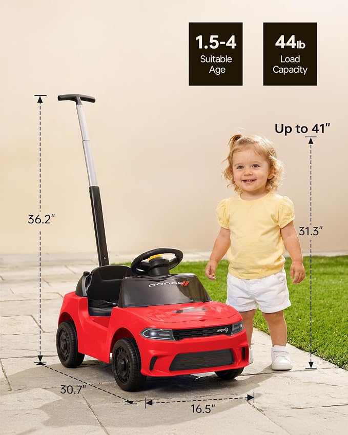 Licensed Dodge Ride on Push Car for Toddlers, Kids Push Car with Handle, Music and Horn for Toddlers 1-3 Years - Red