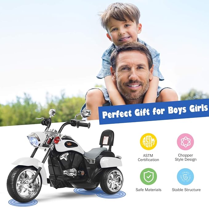 Costzon Kids Motorcycle, 6V Battery Powered Ride on Chopper Motorcycle w/Horn, Headlight, 3-Wheel Stable Ride on Toys, Electric Toddler Motorcycle for Kids, Gift for Boys Girls (White)