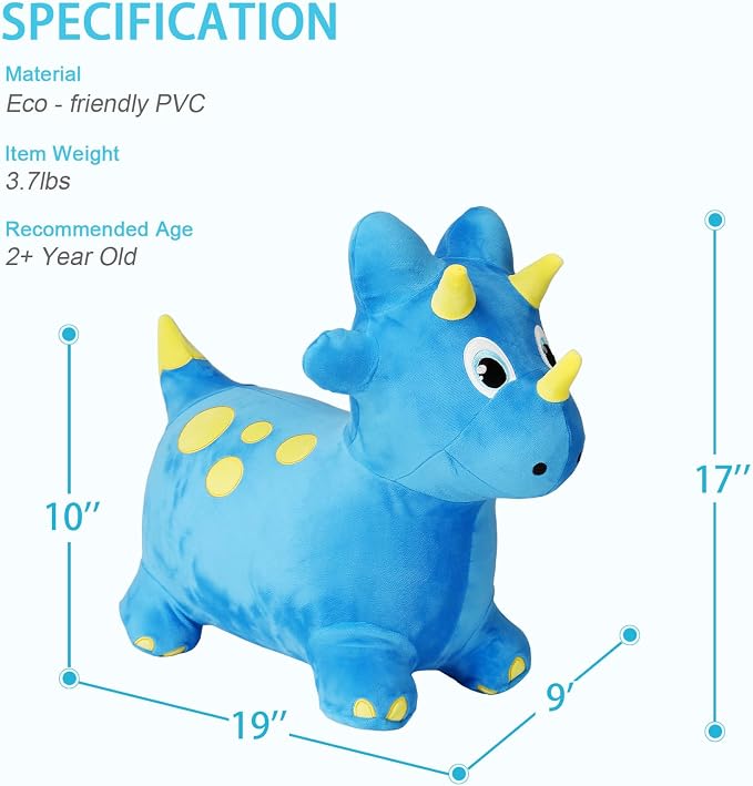INPANY Bouncy Horse, Dinosaur Hopper Toys, Toddler Plush Bouncing Animal, Dinosaur Birthday Party Decoration, Kid Inflatable Ride on Rubber Bouncer, Outdoor for 2 3 4 Yr Boy Girl Blue