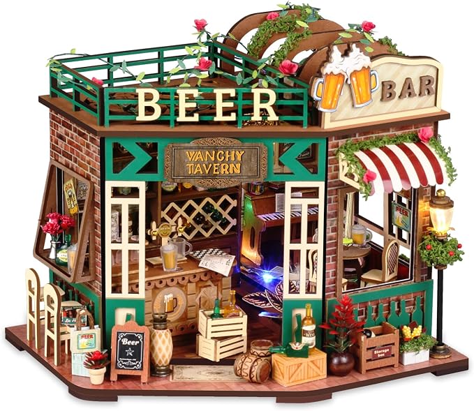 TuKIIE DIY Miniature House Kit with Furniture, 1:24 Scale Creative Room Mini Wooden Dollhouse Book Nook for Kids Teens Adults(Beer Bar)