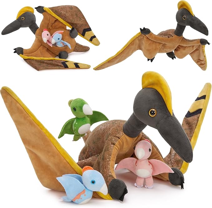 MaoGoLan 4 Pcs Pterodactyl Stuffed Animal with 3 Babies Inside Belly, 37 inch Pterodactyl Plush for Kids Giant Dinosaur Toy Dino Squad Party Favors Decorations Christmas