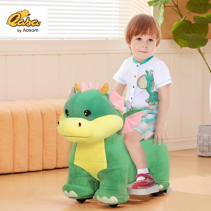 Qaba 6V Kids Ride on Horse, Battery Powered Ride on Toy, Triceratops Shaped Electric Riding Animal with Music, Soft Touch, PU Wheels, Foot Pedal, Forward, for Girls Boys Aged 18-36 Months, Green